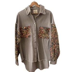NWT Fantastic Fawn Light Grey Sequin Sleeve Shacket Oversized Jacket size S